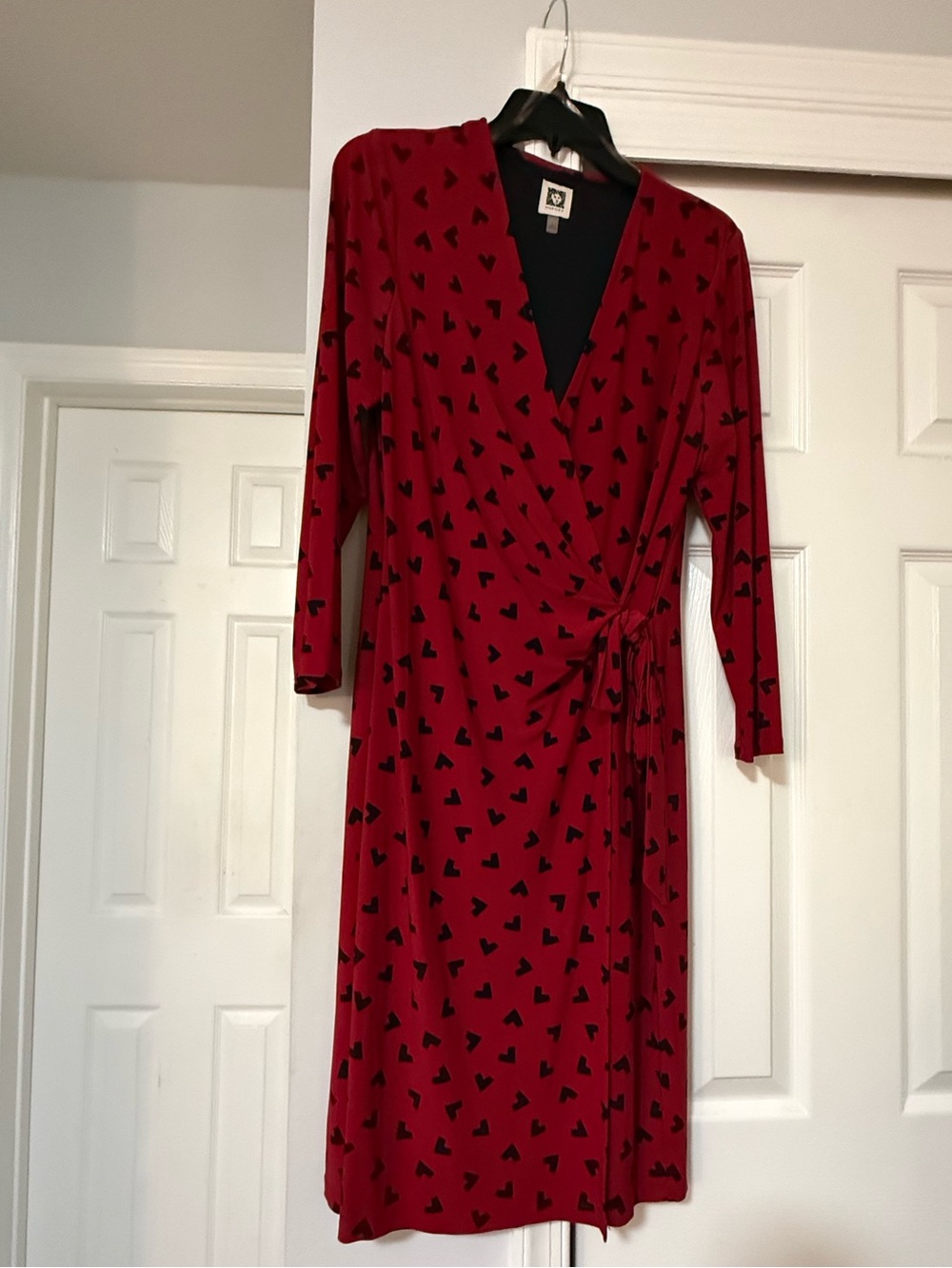 Anne Klein Red Faux Wrap Dress with Black Heart Print
